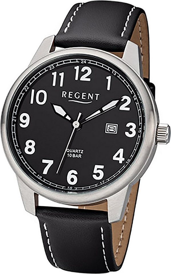 Regent Quarzuhr Regent Leder Herren Uhr F-1238 Analog, Herrenuhr Lederarmband schwarz, rundes Gehäuse, groß (ca. 41mm) von Regent