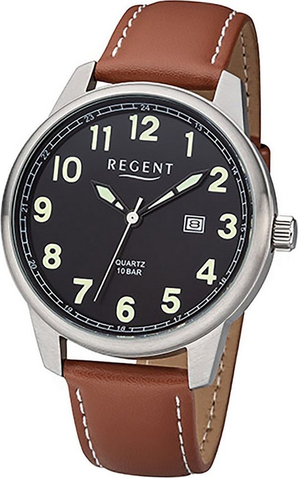 Regent Quarzuhr Regent Leder Herren Uhr F-1239 Analog, Herrenuhr Lederarmband braun, rundes Gehäuse, groß (ca. 41mm) von Regent