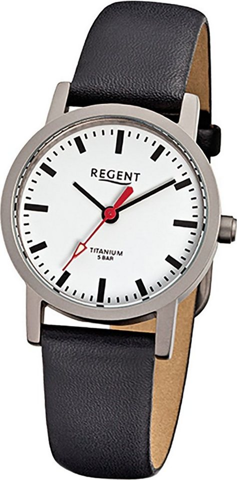 Regent Quarzuhr Regent Leder Damen Uhr F-240 Quarzuhr, Damenuhr Lederarmband schwarz, rundes Gehäuse, klein (ca. 27mm) von Regent