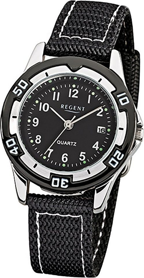 Regent Quarzuhr Regent Textil Stoff Kinder Uhr F-317, Kinderuhr Textil, Stoffarmband schwarz, rundes Gehäuse, klein(ca 29mm) von Regent