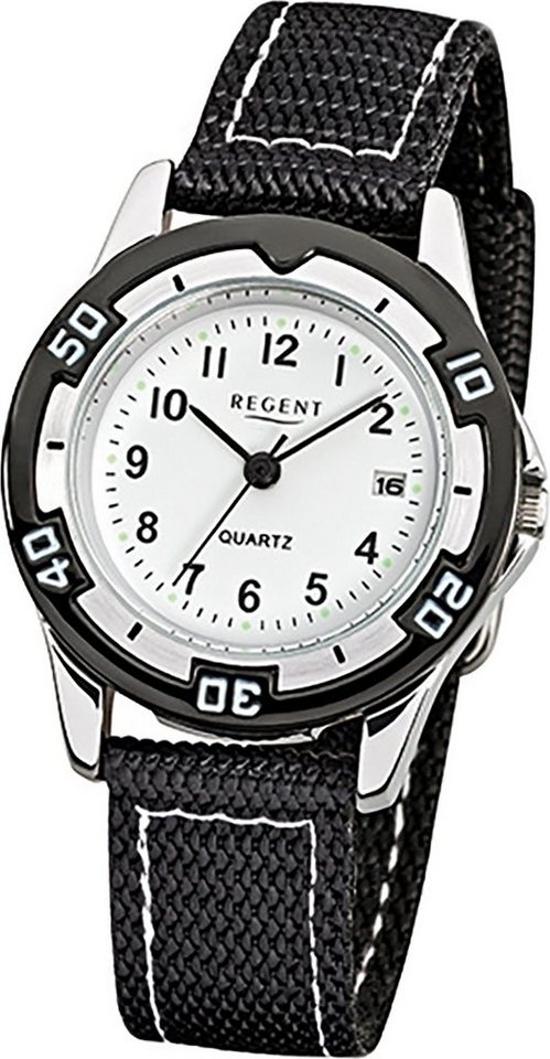 Regent Quarzuhr Regent Textil Stoff Kinder Uhr F-318, Kinderuhr Textil, Stoffarmband schwarz, rundes Gehäuse, klein(ca 29mm) von Regent