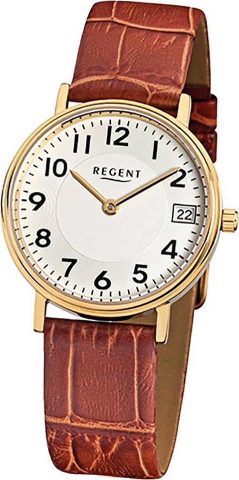 Regent Quarzuhr Regent Leder Damen Uhr F-328 Quarzuhr, Damenuhr Lederarmband braun, rundes Gehäuse, klein (ca. 28mm) von Regent