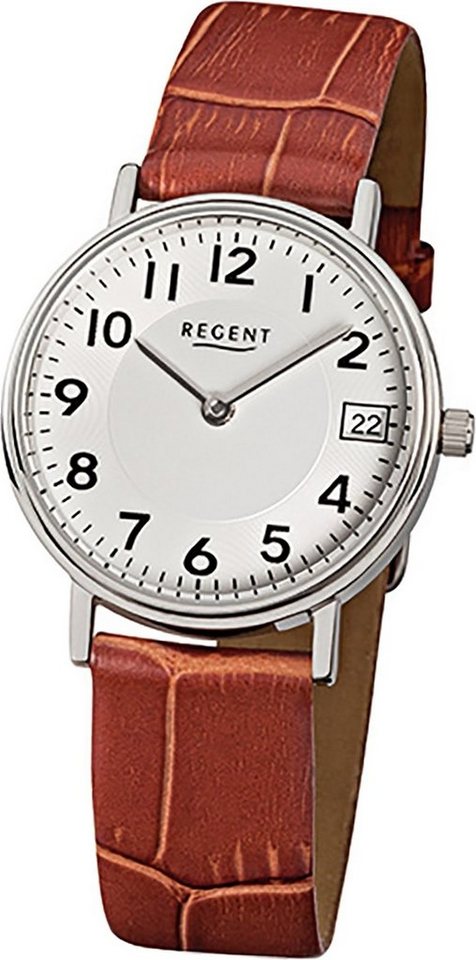 Regent Quarzuhr Regent Leder Damen Uhr F-329 Quarzuhr, Damenuhr Lederarmband braun, rundes Gehäuse, klein (ca. 28mm) von Regent