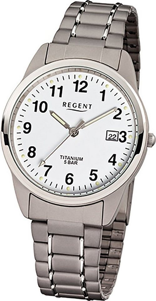 Regent Quarzuhr Regent Titan (Metall) Herren Uhr F-432, Herrenuhr Titanarmband grau, silber, rundes Gehäuse, mittel (ca. 36mm) von Regent