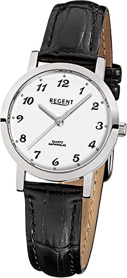 Regent Quarzuhr Regent Leder Damen Uhr F-514 Quarzuhr, Damenuhr Lederarmband schwarz, rundes Gehäuse, klein (ca. 28mm) von Regent