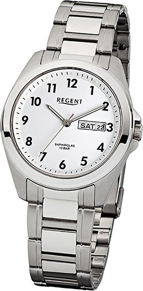 Regent Quarzuhr Regent Stahl Herren Uhr F-524 Quarzuhr, (Analoguhr), Herrenuhr Edelstahlarmband silber, weiß, rundes Gehäuse, mittel (38mm) von Regent