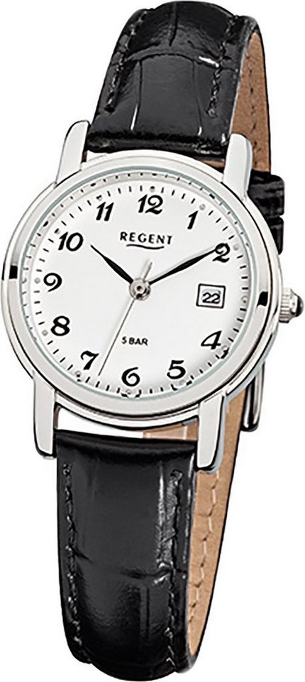 Regent Quarzuhr Regent Leder Damen Uhr F-572 Quarzuhr, Damenuhr Lederarmband schwarz, rundes Gehäuse, klein (ca. 28mm) von Regent