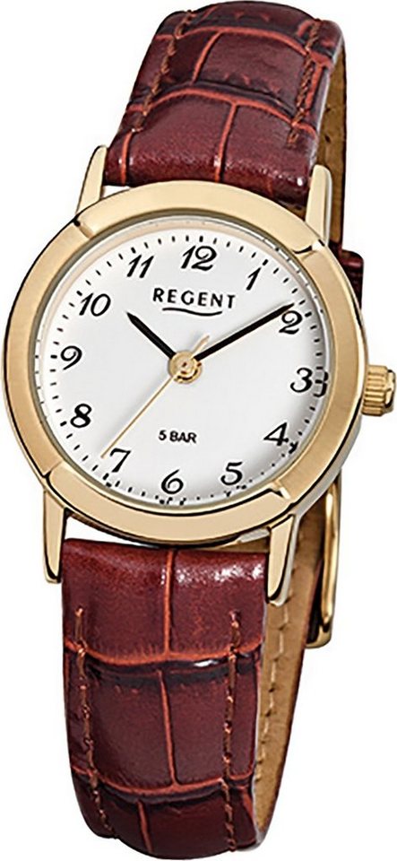 Regent Quarzuhr Regent Leder Damen Uhr F-575 Quarzuhr, Damenuhr Lederarmband braun, rundes Gehäuse, klein (ca. 25mm) von Regent