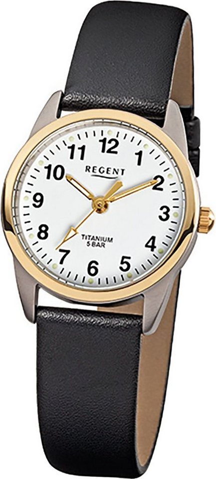 Regent Quarzuhr Regent Leder Damen Uhr F-661 Quarzuhr, Damenuhr Lederarmband schwarz, rundes Gehäuse, klein (ca. 26mm) von Regent