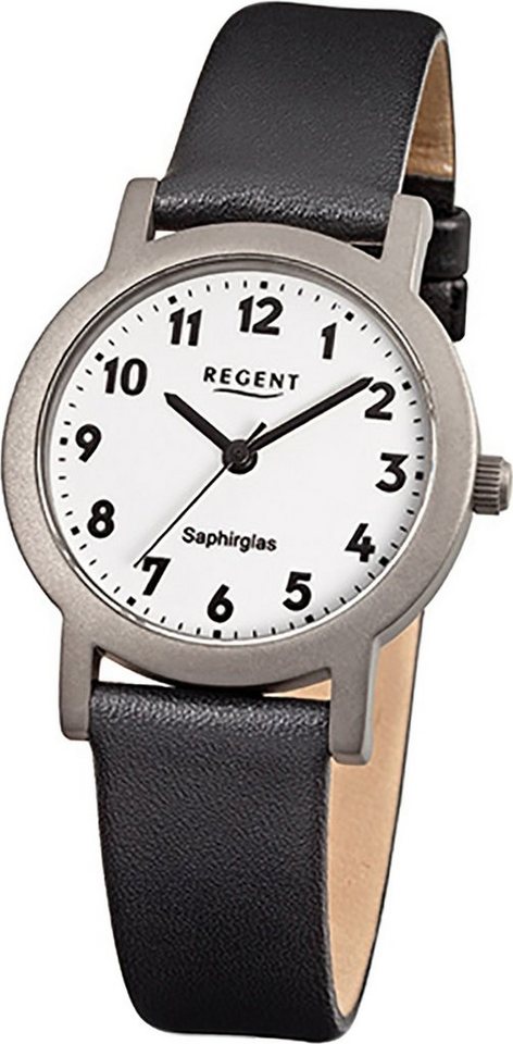 Regent Quarzuhr Regent Leder Damen Uhr F-663 Quarzuhr, Damenuhr Lederarmband schwarz, rundes Gehäuse, klein (ca. 28mm) von Regent