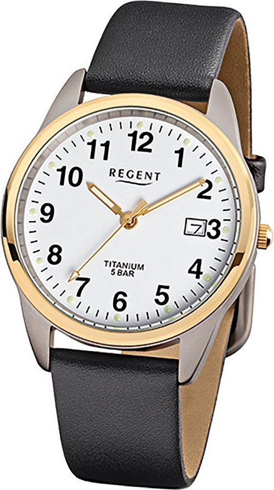 Regent Quarzuhr Regent Leder Herren Uhr F-687 Quarzuhr, (Analoguhr), Herrenuhr Lederarmband schwarz, rundes Gehäuse, mittel (ca. 36mm) von Regent