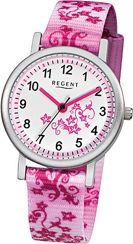 Regent Quarzuhr Regent Textil Kinder Uhr F-727 Quarzuhr, Kinderuhr Textilarmband rosa, pink, weiß, rundes Gehäuse, klein (29mm) von Regent