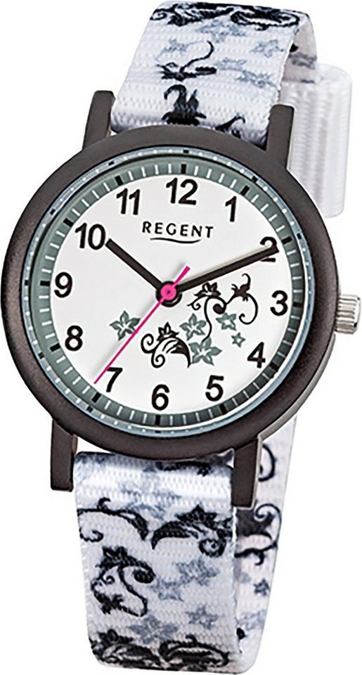 Regent Quarzuhr Regent Textil Kinder Uhr F-728 Quarzuhr, Kinderuhr Textilarmband weiß, rundes Gehäuse, klein (ca. 29mm) von Regent