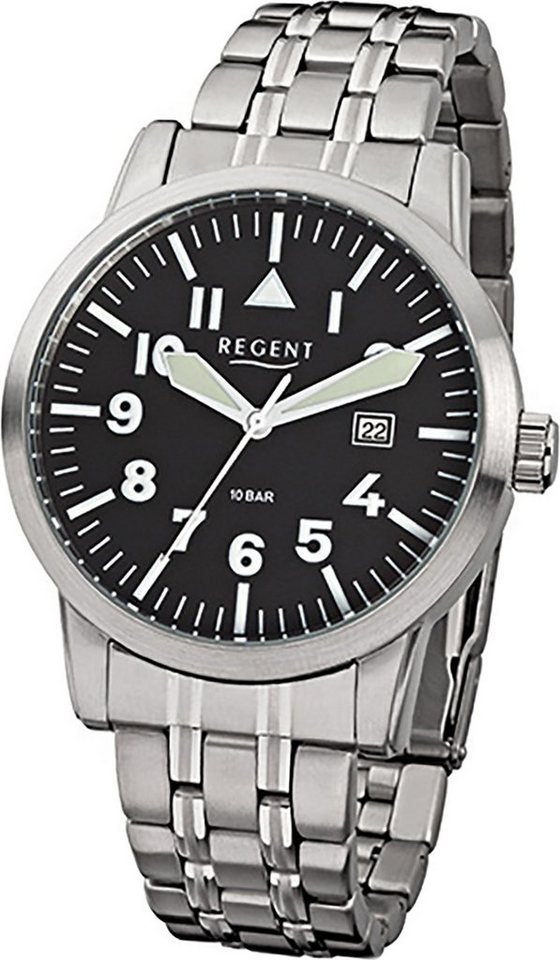 Regent Quarzuhr Regent Stahl Herren Uhr F-778 Quarzuhr, Herrenuhr Edelstahlarmband silber, rundes Gehäuse, groß (ca. 42mm) von Regent