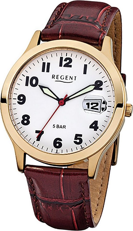 Regent Quarzuhr Regent Leder Herren Uhr F-789 Quarzuhr, Herrenuhr Lederarmband braun, rundes Gehäuse, mittel (ca. 39mm) von Regent