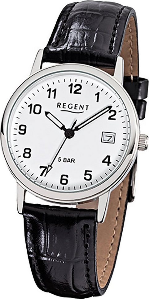 Regent Quarzuhr Regent Leder Herren Uhr F-791 Quarzuhr, Herrenuhr Lederarmband schwarz, rundes Gehäuse, mittel (ca. 34mm) von Regent