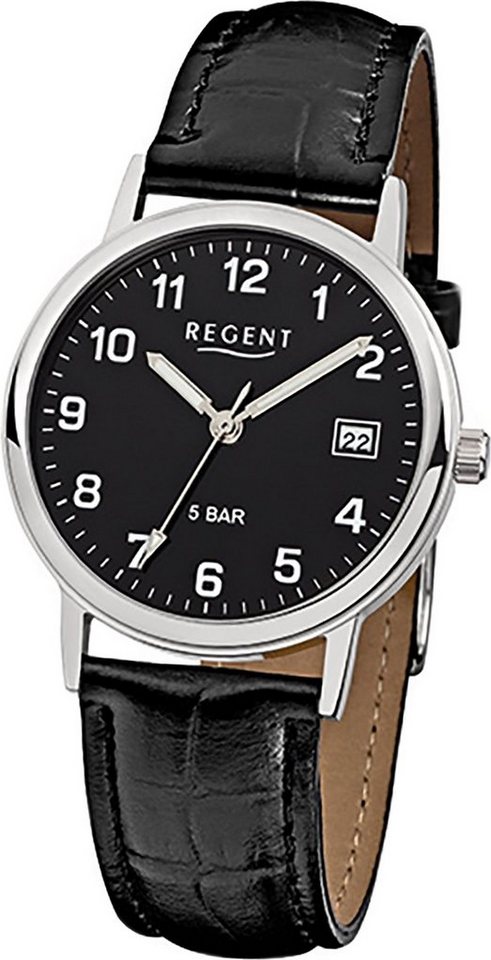 Regent Quarzuhr Regent Leder Herren Uhr F-792 Quarzuhr, Herrenuhr Lederarmband schwarz, rundes Gehäuse, mittel (ca. 34mm) von Regent