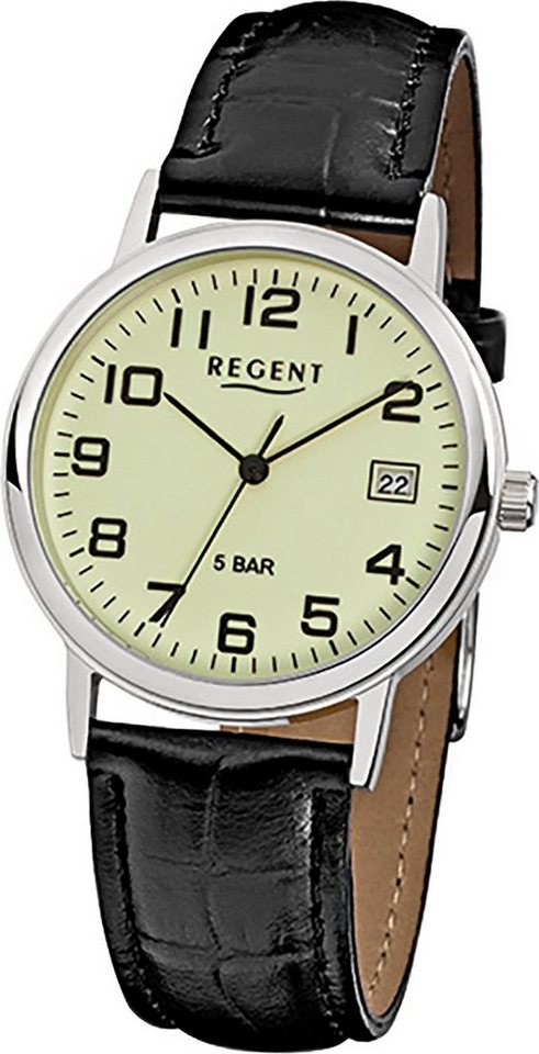 Regent Quarzuhr Regent Leder Herren Uhr F-793 Quarzuhr, Herrenuhr Lederarmband schwarz, rundes Gehäuse, mittel (ca. 34mm) von Regent