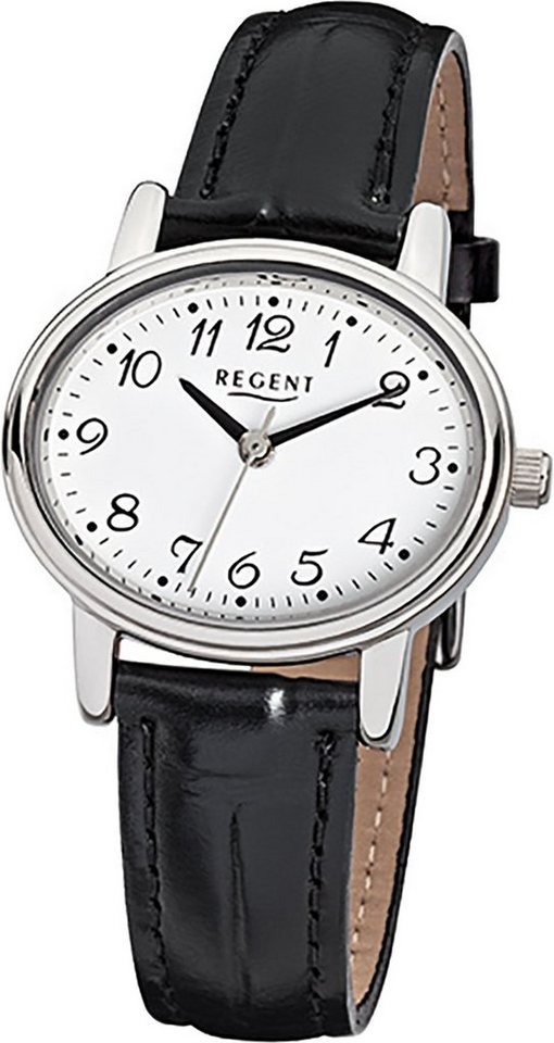 Regent Quarzuhr Regent Leder Damen Uhr F-823 Quarzuhr, (Analoguhr), Damenuhr Lederarmband schwarz, ovales Gehäuse, klein (ca. 30x25mm) von Regent