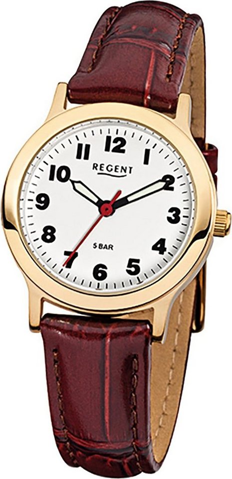 Regent Quarzuhr Regent Leder Damen Uhr F-825 Quarzuhr, Damenuhr Lederarmband braun, rundes Gehäuse, klein (ca. 28mm) von Regent