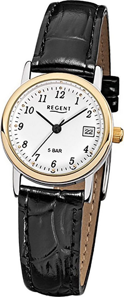 Regent Quarzuhr Regent Leder Damen Uhr F-828 Quarzuhr, Damenuhr Lederarmband schwarz, rundes Gehäuse, klein (ca. 25mm) von Regent