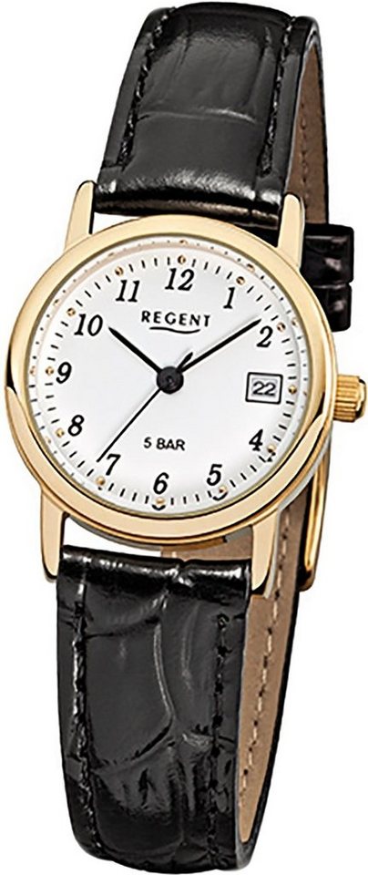 Regent Quarzuhr Regent Leder Damen Uhr F-829 Quarzuhr, Damenuhr Lederarmband schwarz, rundes Gehäuse, klein (ca. 25mm) von Regent