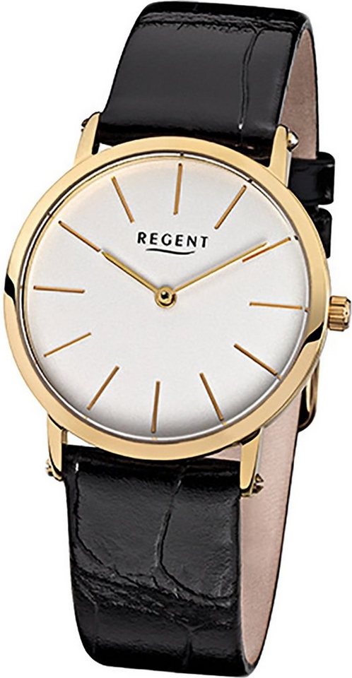 Regent Quarzuhr Regent Leder Damen Uhr F-830 Quarzuhr, Damenuhr Lederarmband schwarz, rundes Gehäuse, mittel (ca. 33mm) von Regent