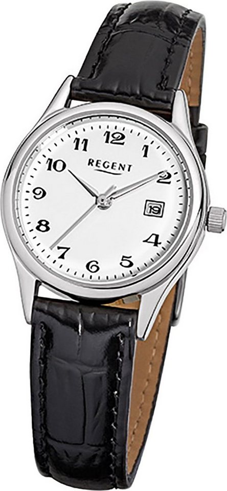 Regent Quarzuhr Regent Leder Damen Uhr F-833 Quarzuhr, Damenuhr Lederarmband schwarz, rundes Gehäuse, klein (ca. 28mm) von Regent