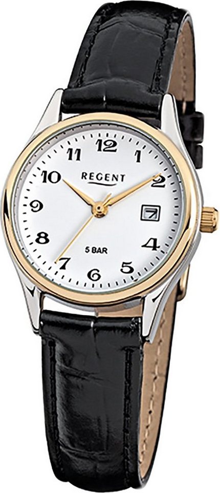 Regent Quarzuhr Regent Leder Damen Uhr F-834 Quarzuhr, Damenuhr Lederarmband schwarz, rundes Gehäuse, klein (ca. 28mm) von Regent