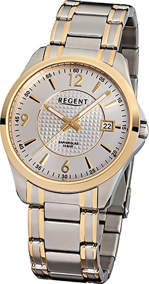 Regent Quarzuhr Regent Stahl Herren Uhr F-920 Quarzuhr, Herrenuhr mit Edelstahl, ionenplattiert goldarmband, rundes Gehäuse, g von Regent