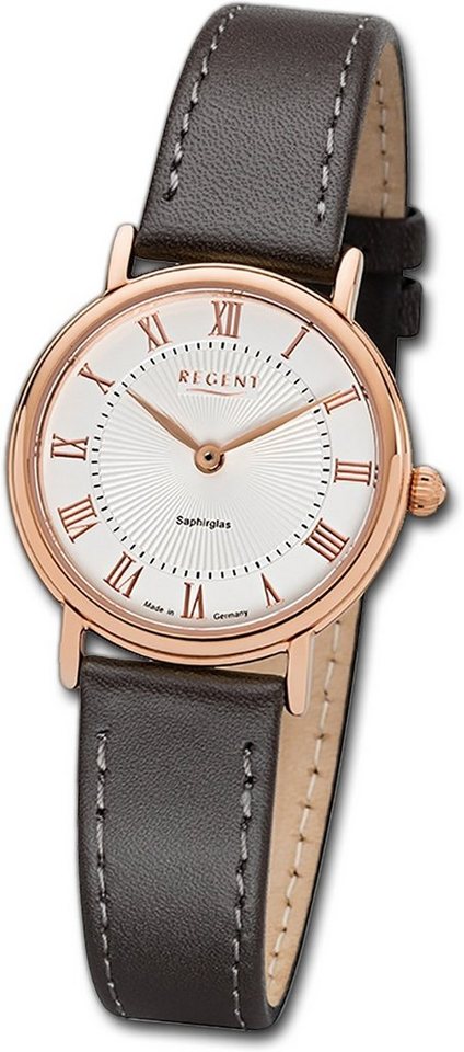 Regent Quarzuhr Regent Leder Damen Uhr GM-1604 Analog, (Analoguhr), Damenuhr Lederarmband, rundes Gehäuse, klein (ca. 28mm), silber von Regent