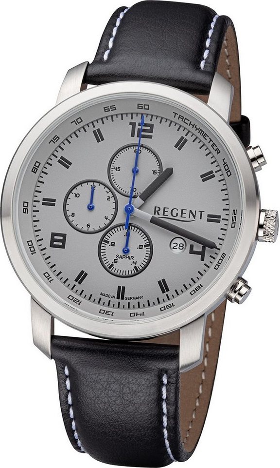 Regent Quarzuhr Regent Herren Armbanduhr Analog, Herrenuhr Lederbandarmband schwarz, rundes Gehäuse, groß (ca. 44mm) von Regent