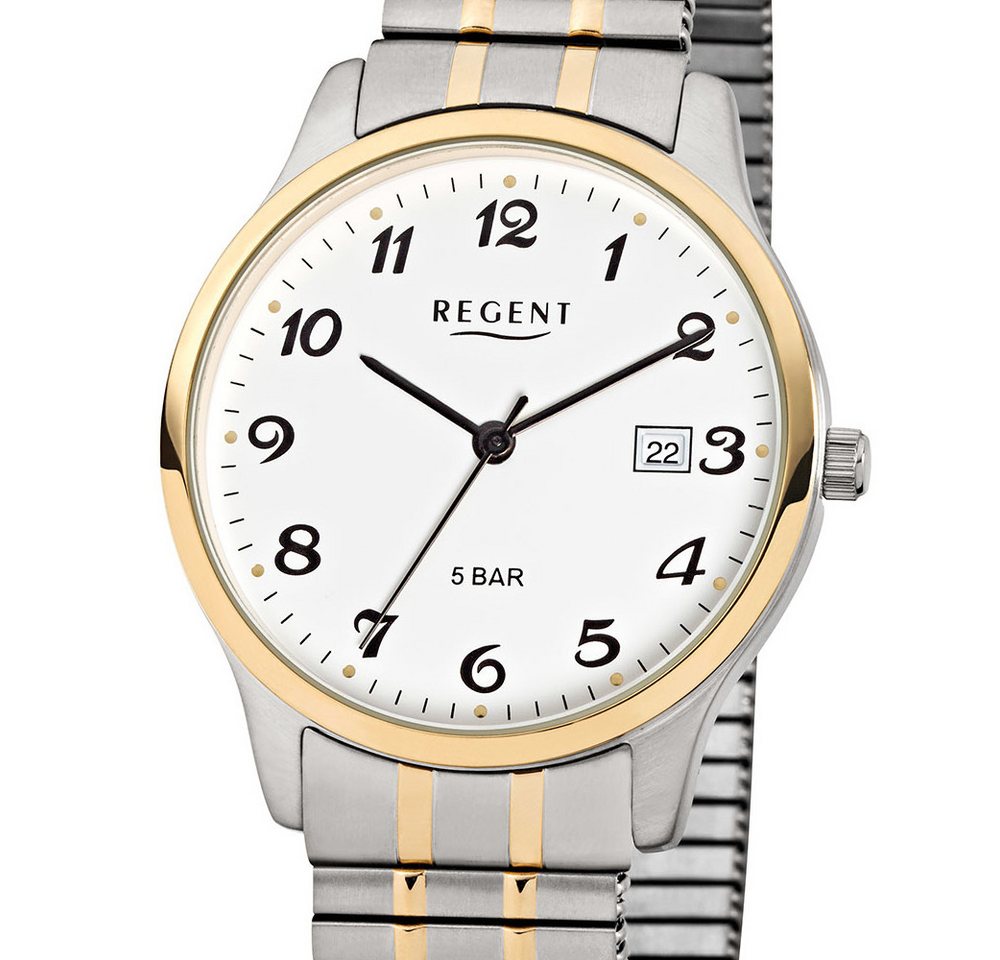 Regent Quarzuhr F-877 Herren-Uhr Analog Quarz mit Zug-Armband Silber IP Gold Ø 36 mm von Regent