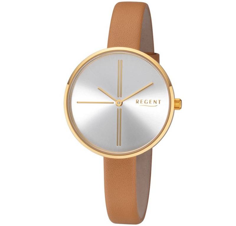 Regent Quarzuhr REGENT Damen Armbanduhr BA-486 gold D. 34 mm Lederband sehr schmal von Regent