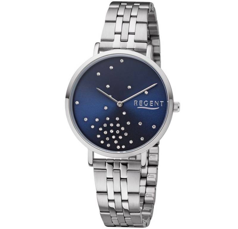 Regent Quarzuhr REGENT Damen Armbanduhr BA-594 Blütezeit blau D. 36mm Stahlband silber von Regent