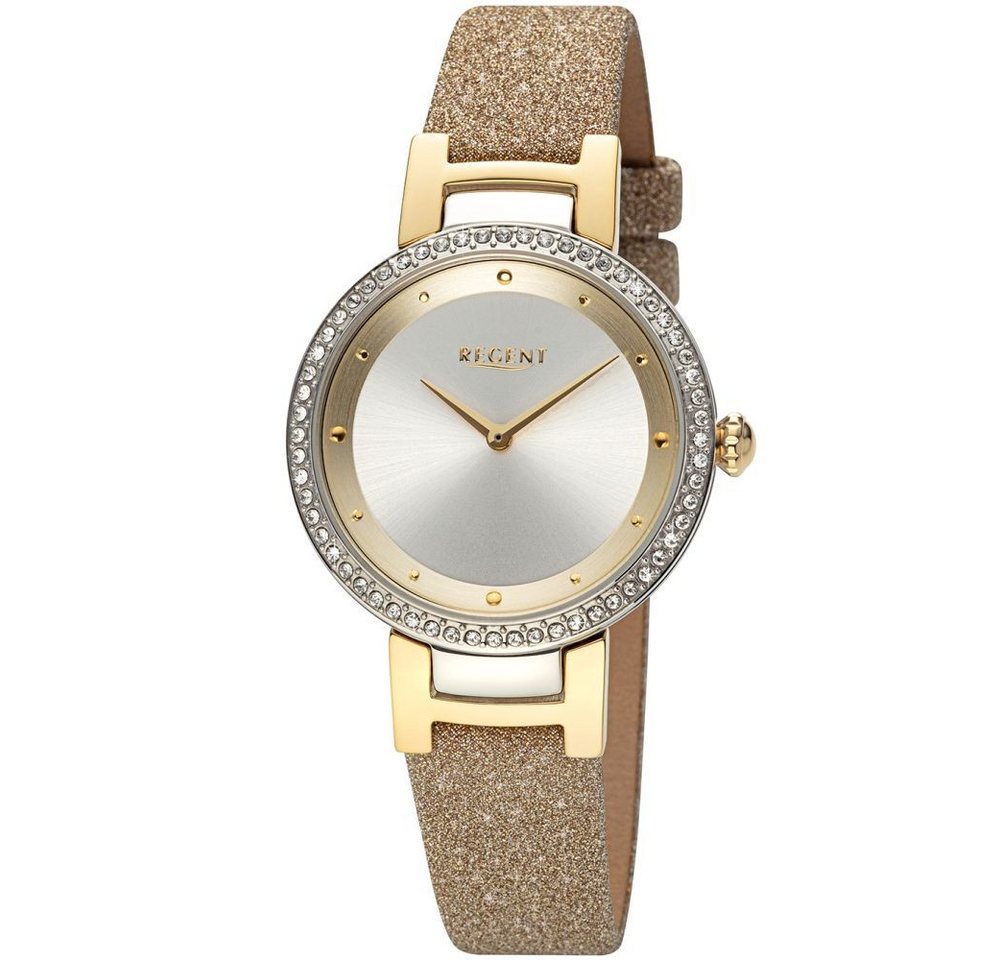 Regent Quarzuhr REGENT Damen Armbanduhr BA-800 bicolor D. 33 mm Glitzer-Lederband von Regent