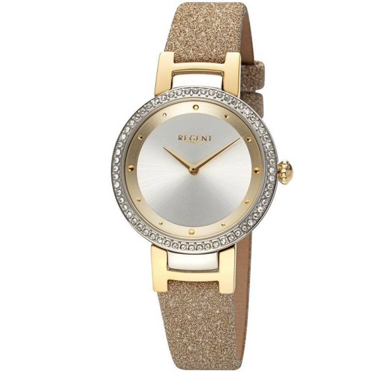 Regent Quarzuhr REGENT Damen Armbanduhr BA-800 bicolor D. 33 mm Glitzer-Lederband von Regent