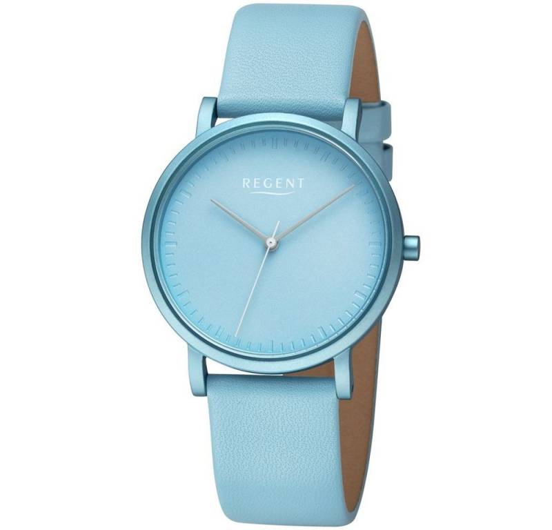 Regent Quarzuhr REGENT Damen Armbanduhr BA-804 hellblau D. 36mm Lederband Dornschließe von Regent