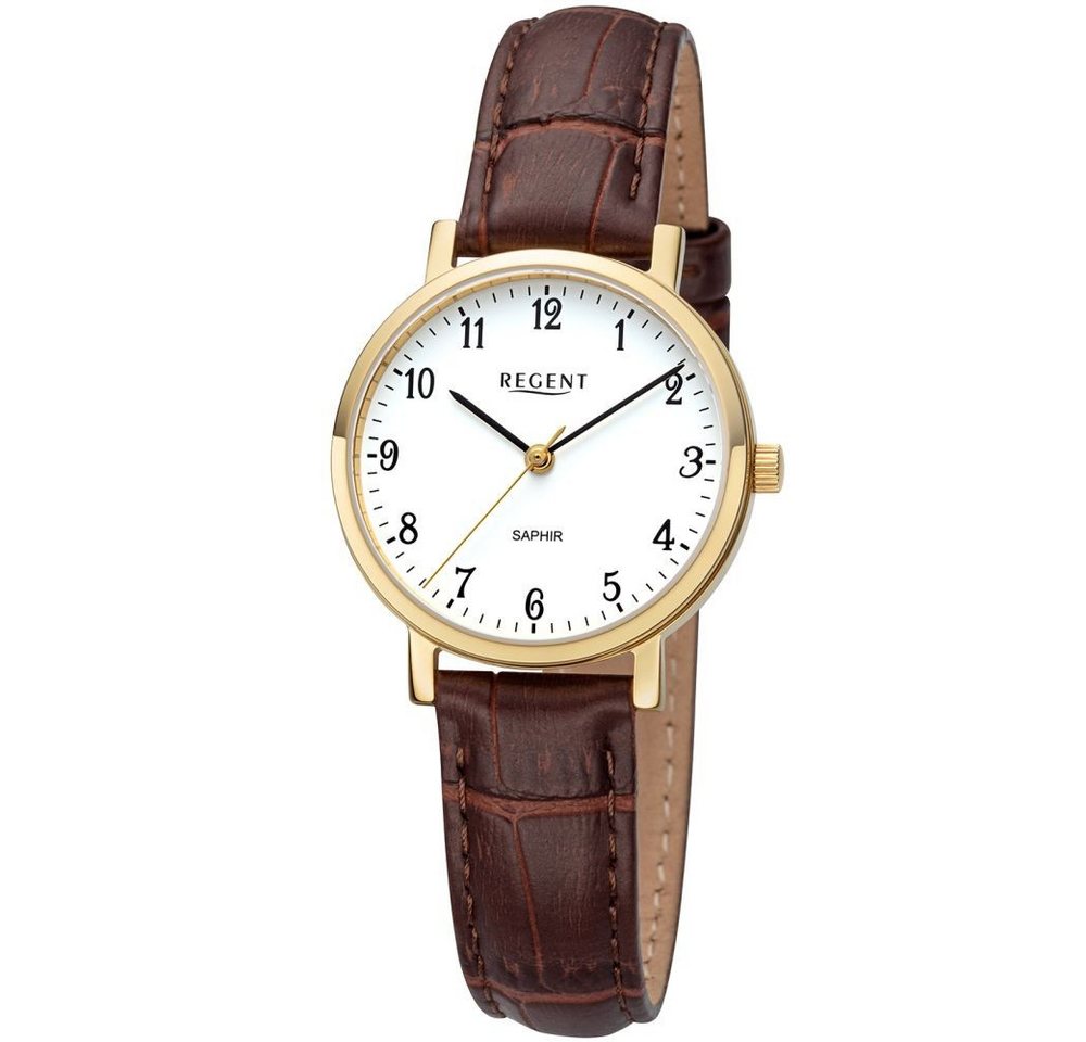Regent Quarzuhr REGENT Damen Armbanduhr F-1428 goldfarbend D. 30 mm Lederband braun von Regent