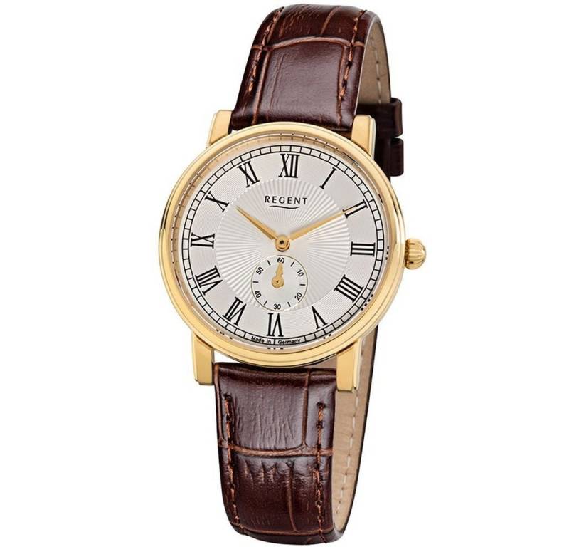 Regent Quarzuhr REGENT Damen Armbanduhr GM-1607 goldfarbend D. 32 mm Lederband von Regent