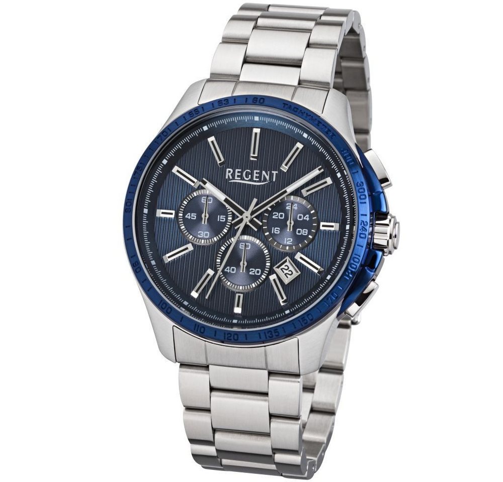 Regent Quarzuhr REGENT Herren Armbanduhr CHRONO UM-1604 blau D. 43 mm Stahlband silber von Regent