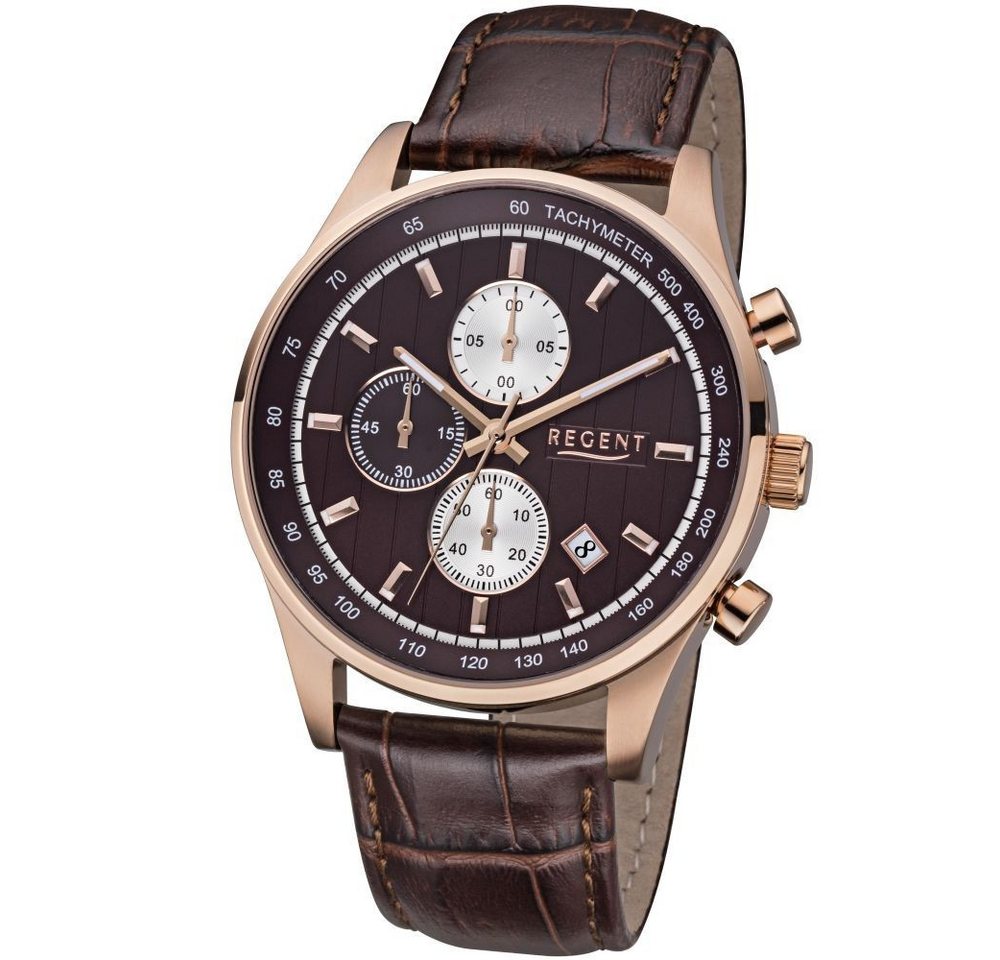 Regent Quarzuhr REGENT Herren Armbanduhr CHRONO UM-1613, rosé / braun D.43mm Lederband von Regent