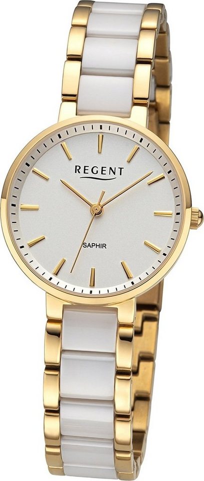 Regent Quarzuhr Regent Damen Armbanduhr Analog, Damenuhr Keramikarmband gold, weiß, rundes Gehäuse, groß (ca. 30mm) von Regent