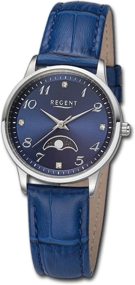 Regent Quarzuhr Regent Damen Armbanduhr Analog, Damenuhr Lederarmband blau, rundes Gehäuse, extra groß (ca. 31,5mm) von Regent