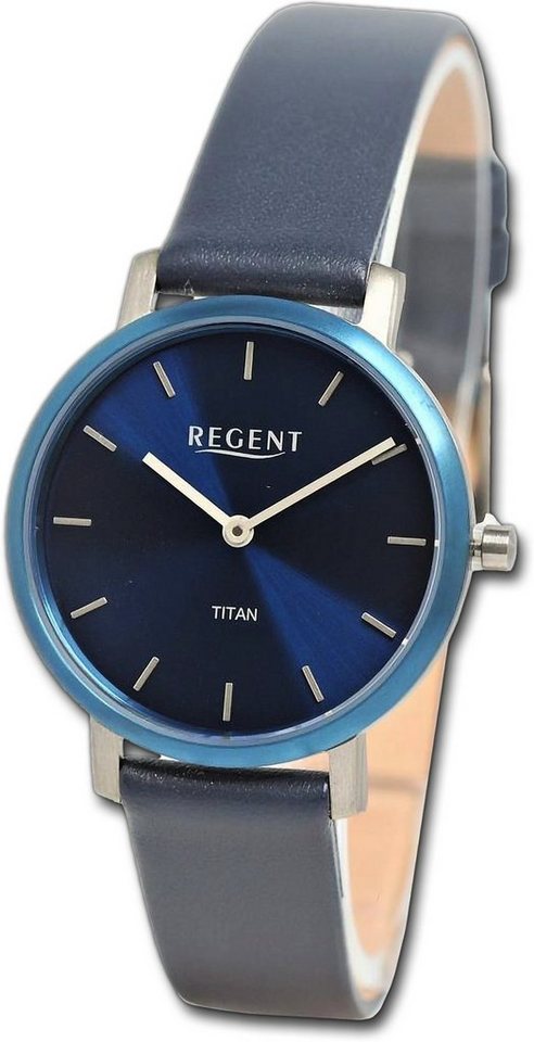 Regent Quarzuhr Regent Damen Armbanduhr Analog, Damenuhr Lederarmband blau, rundes Gehäuse, extra groß (ca. 31mm) von Regent