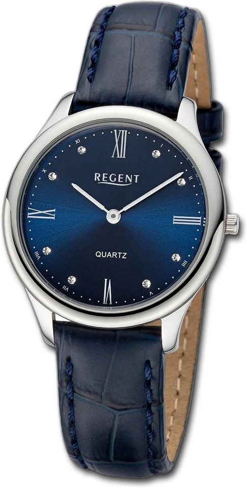 Regent Quarzuhr Regent Damen Armbanduhr Analog, Damenuhr Lederarmband blau, rundes Gehäuse, extra groß (ca. 33mm) von Regent