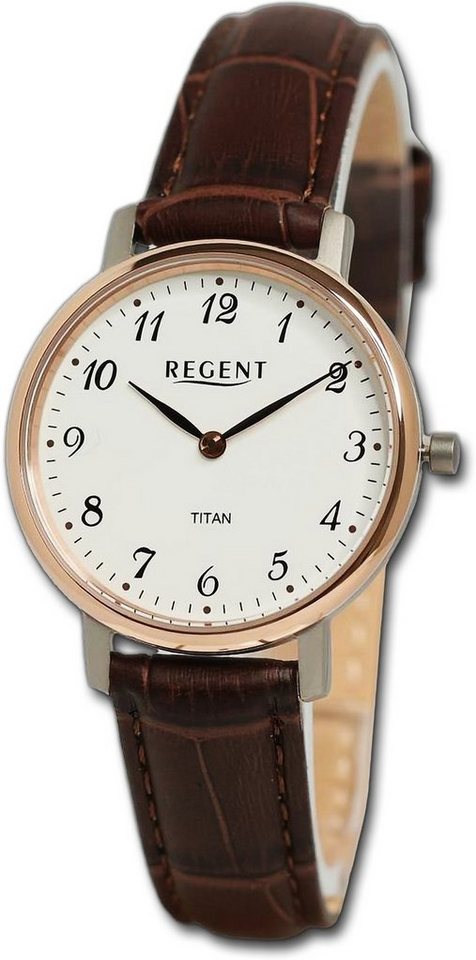 Regent Quarzuhr Regent Damen Armbanduhr Analog, Damenuhr Lederarmband braun, rundes Gehäuse, extra groß (ca. 31mm) von Regent