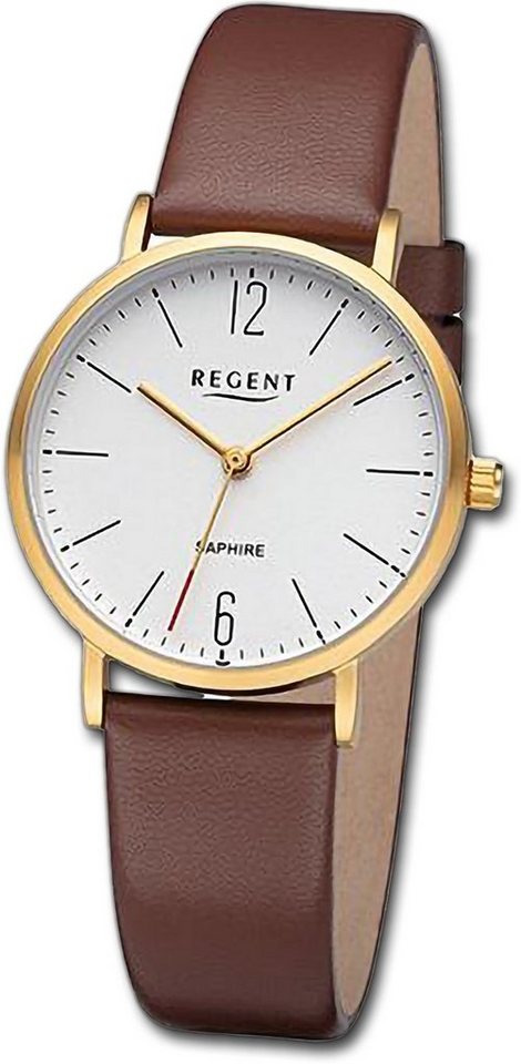 Regent Quarzuhr Regent Damen Armbanduhr Analog, Damenuhr Lederarmband braun, rundes Gehäuse, extra groß (ca. 32mm) von Regent
