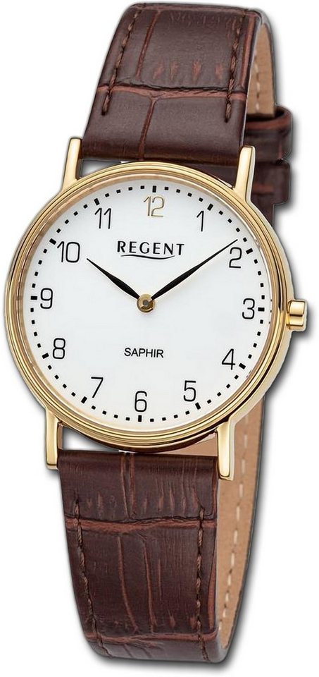 Regent Quarzuhr Regent Damen Armbanduhr Analog, Damenuhr Lederarmband braun, rundes Gehäuse, extra groß (ca. 33mm) von Regent