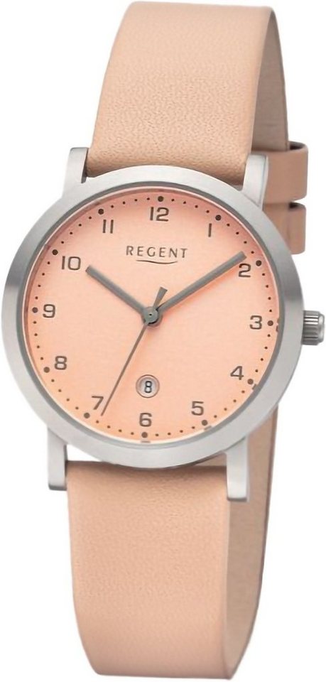 Regent Quarzuhr Regent Damen Armbanduhr Analog, Damenuhr Lederarmband hellrosa, rundes Gehäuse, extra groß (ca. 30mm) von Regent